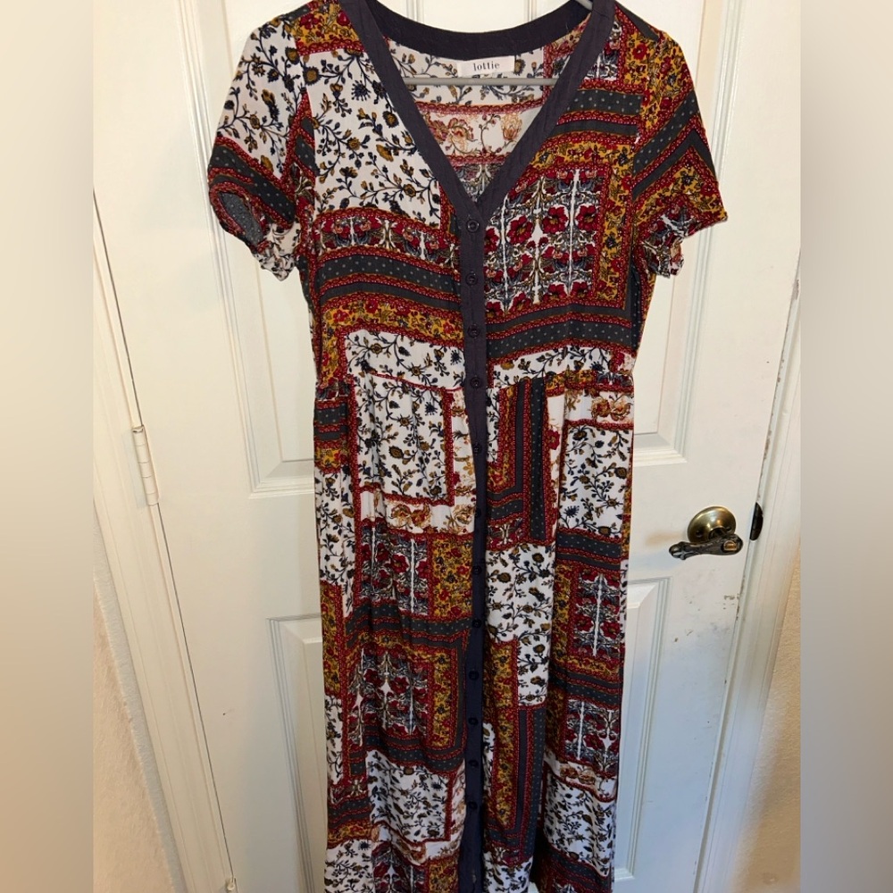 Patchwork Midi Dress Lottie M Medium Cottagecore Multicolor Floral Boho